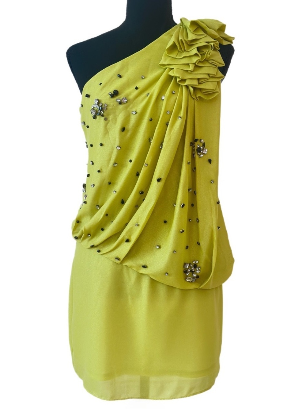 Ark & Co Chartreuse One Shoulder Rhinestone Ruffle Cocktail Mini Dress - Picture 9 of 14